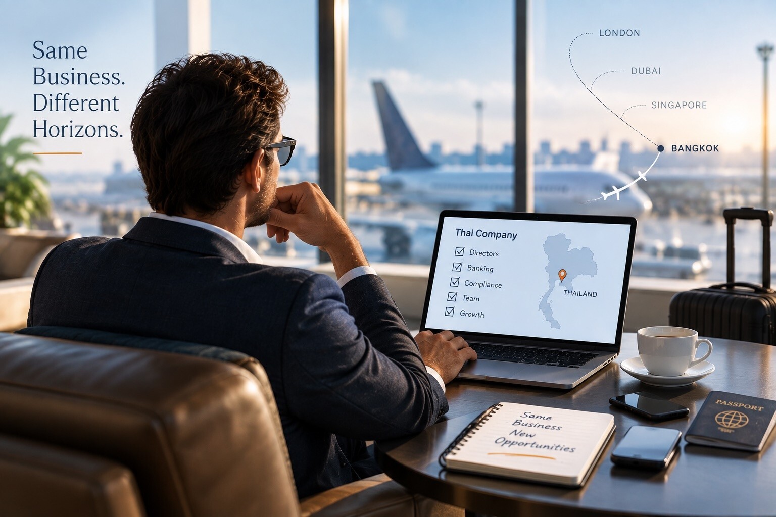 Foreign business owner managing his Thai company remotely from abroad