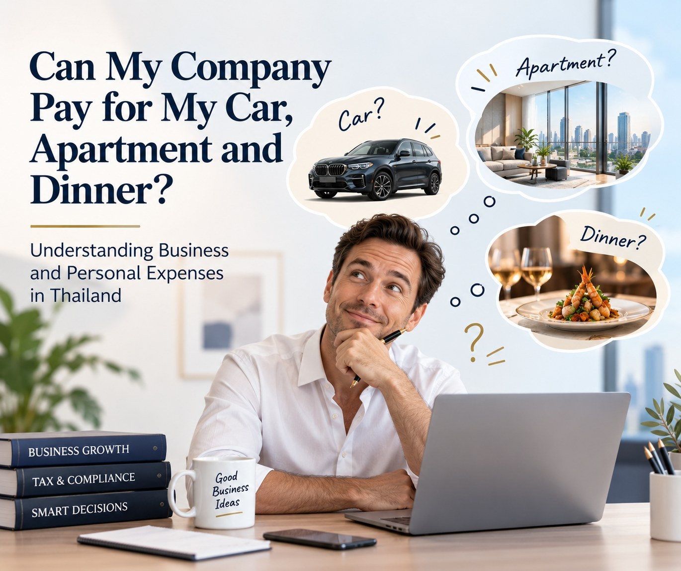 Business owner weighing whether the company can pay for his car, apartment and dinner