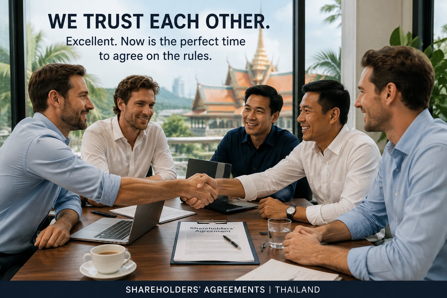 Business partners shaking hands over a Shareholders' Agreement